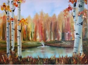 Oil painting forest with pond