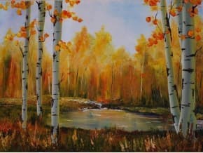 Oil painting fall forest with pond